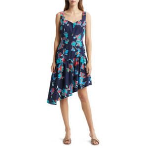 Du Paradis Floral Asymmetric Hem Cotton Midi Dress Size M Summer Night Navy Blue
